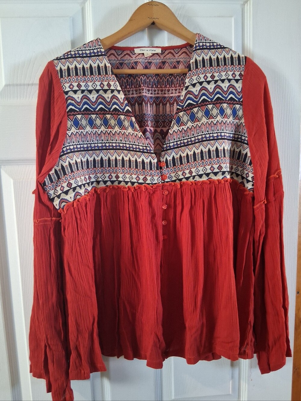 Tea N Rose Burnt Red Boho Printed Yoke Peasant Top